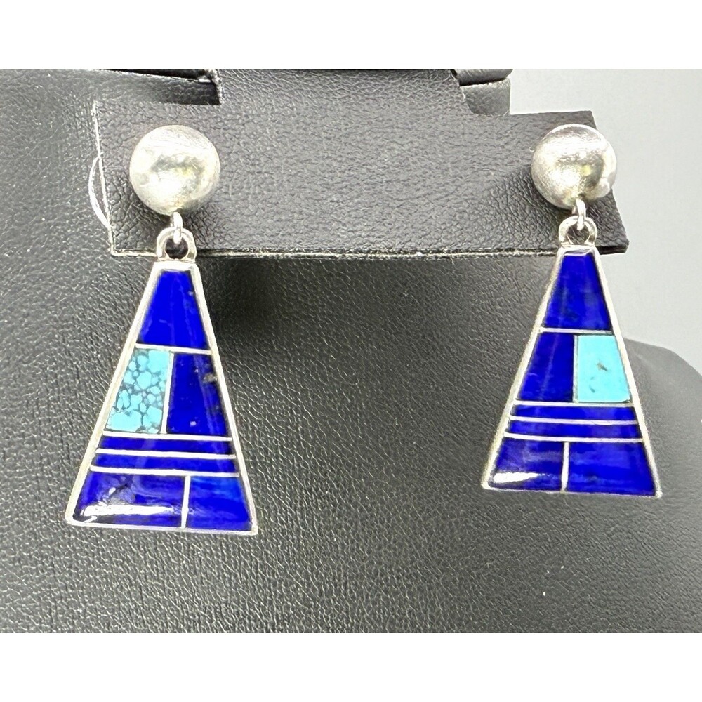 Navajo Calvin Begay Sterling Silver Lapis Turquoise Inlay Dangle Earrings Signed